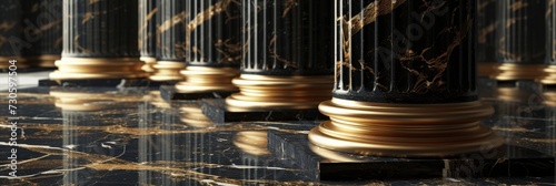 3D Rendering Black and Gold Corridor Pillars, Columns Outside the Supreme Court in Washington, D.C., Featuring Marble Accents photo