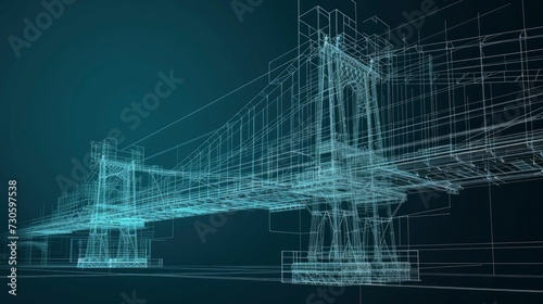 A digital blue print of a modern bridge