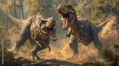 Two baby tyrannosaurus rexes playfully roaring and chasing each other around a clearing while their parent looks on proudly. © Justlight