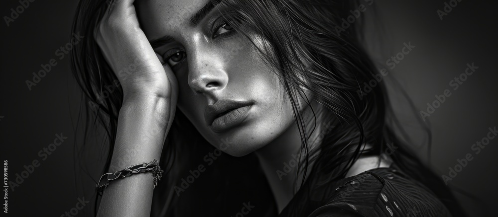 Fashion model posing with emotional intensity in a dramatic black and white portrait. Fashion model posing with emotional intensity in a dramatic black and white portrait.