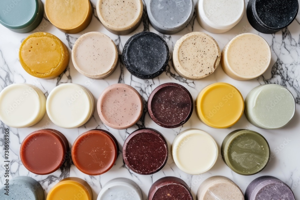 An array of solid conditioner bars in various colors and textures on a marble background. An array of solid conditioner bars in various colors and textures on a marble background.