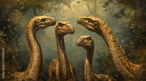 Three baby sauropods nuzzling and playfully nudging each other with their long necks. photo