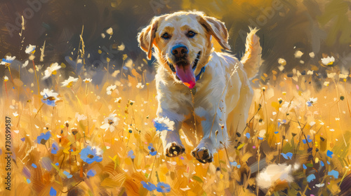 The playful Labrador retriever bounds through sun-kissed meadows, tongue lolling in pure joy. With each exuberant leap, it embodies loyalty and companionship, a faithful friend of the human heart. photo