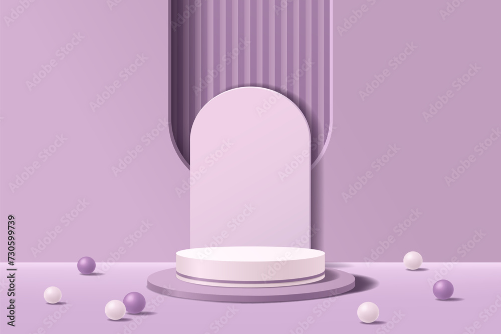 3D white and purple cylinder pedestal podium with a backdrop of geometric abstract arched window