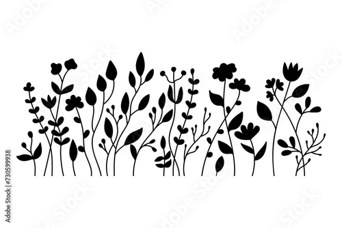 Silhouette wildflowers grass. Black hand drawn vector illustration with spring or summer flowers. Shadow of herb and plant. Nature field isolated on white background
