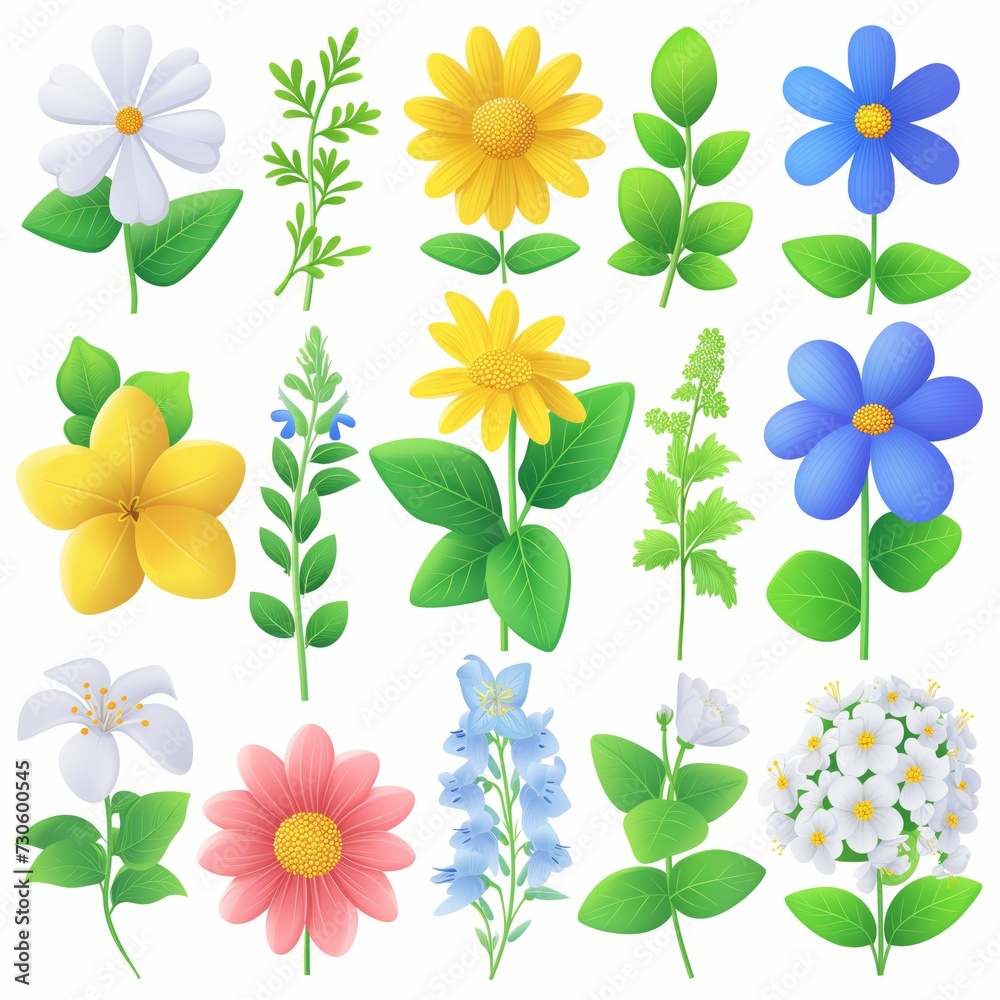 spring element set collection,tropical flowers and leaves,isolated on white background spring element set collection,tropical flowers and leaves,isolated on white background