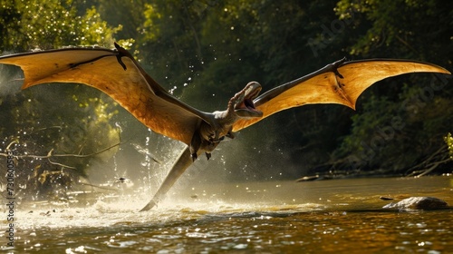 Leinwand Poster A large pterodactyl soaring over the river using its sharp beak to pluck tasty insects from the waters surface