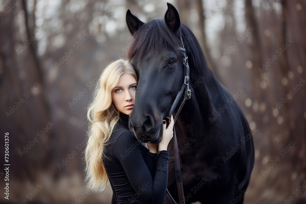 Obraz premium beautiful blonde hugs her horse by the muzzle