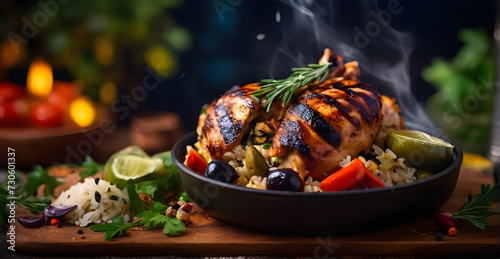 Charcoal grilled chicken. Olives, rice, spices, food bokeh Dark background © big bro