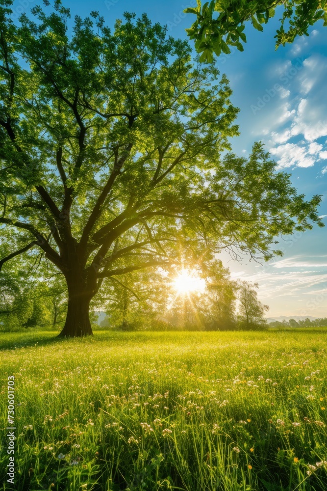 Nature Majesty, A Green Meadow with a Towering Tree Reaching Up to the Sky, Emanating a Sense of Peace and Grandeur.