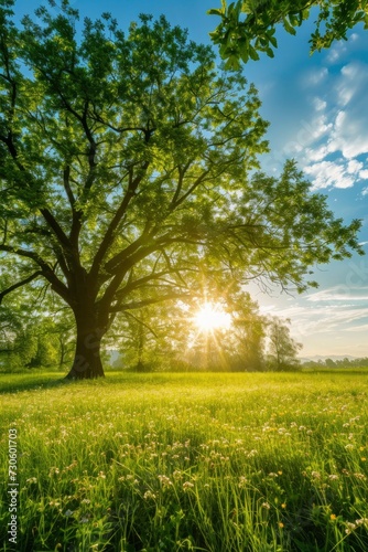 Nature Majesty, A Green Meadow with a Towering Tree Reaching Up to the Sky, Emanating a Sense of Peace and Grandeur.