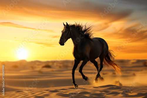 a graceful black horse gallops through the desert at sunset