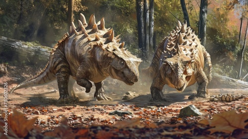 A pair of stegosaurs collaborating to excavate a shallow pit in the ground and line it with soft leafy bedding for their eggs.