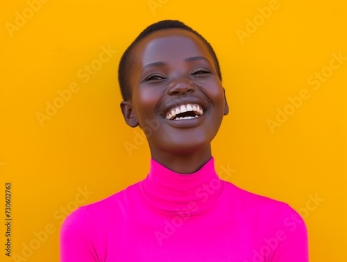 Vibrant image of a cheerful young African women laughing heartily, wearing a pink turtleneck against a vivid yellow backdrop.