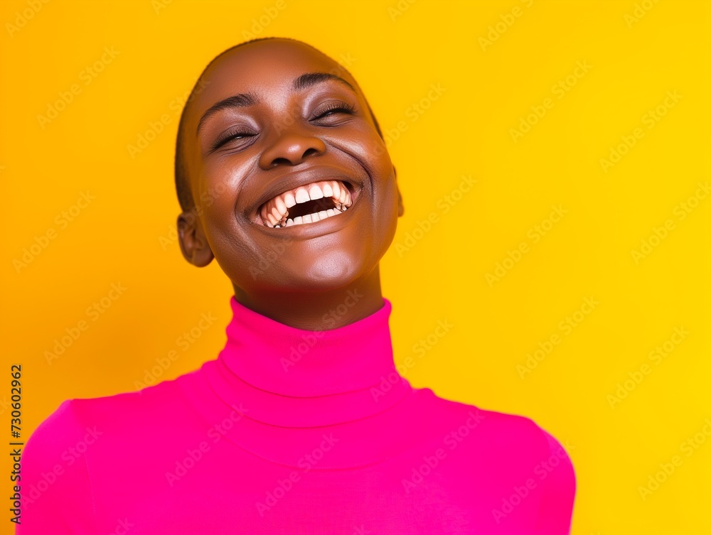 Vibrant image of a cheerful young African women laughing heartily, wearing a pink turtleneck against a vivid yellow backdrop. Vibrant image of a cheerful young African women laughing heartily, wearing a pink turtleneck against a vivid yellow backdrop.