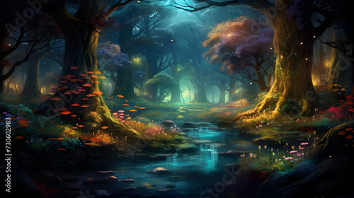 The forest at night is a magical fantasy fairy tale scenery 
