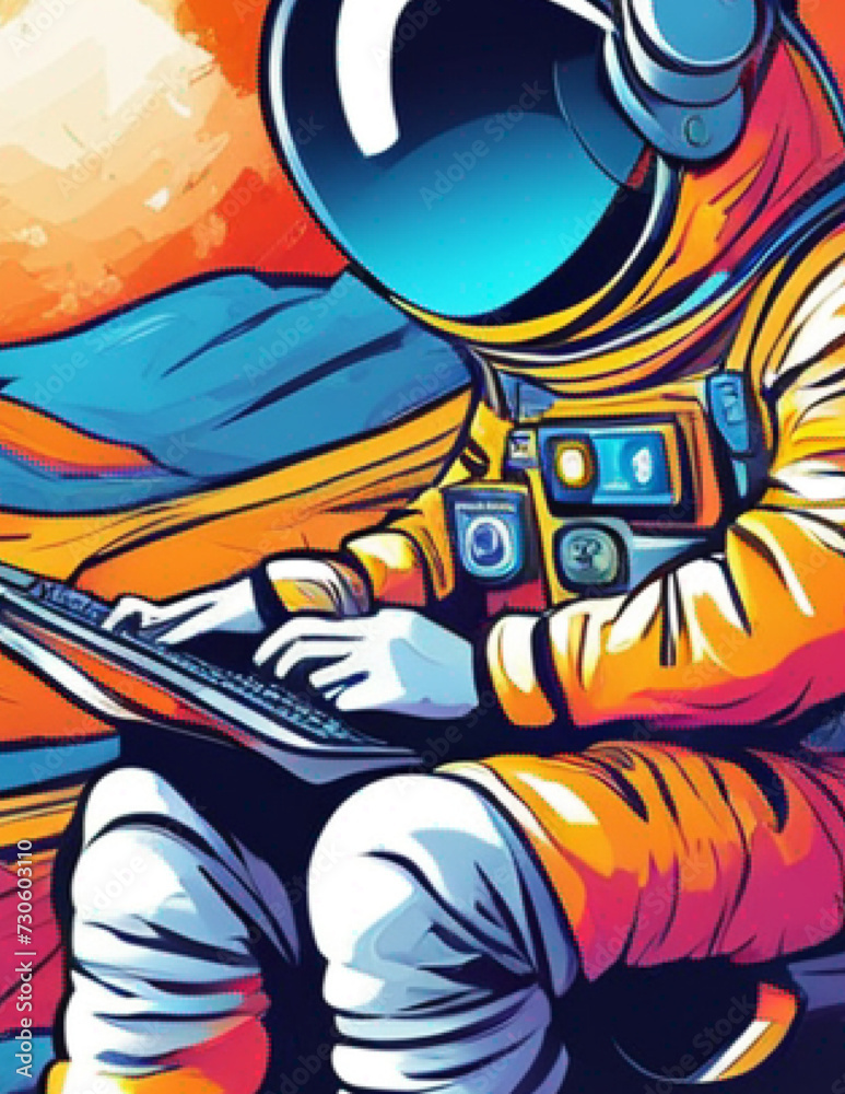 person with a laptop on the moon