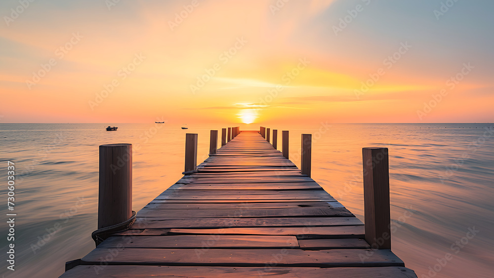 View of wooden pier on the beach at sunset.