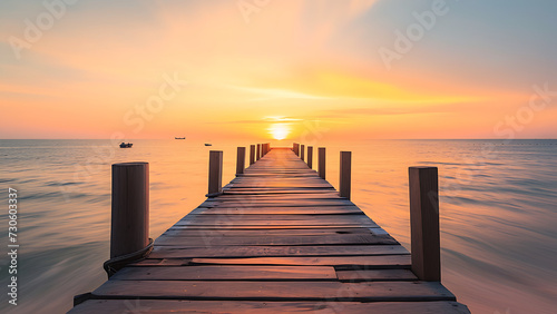 View of wooden pier on the beach at sunset.