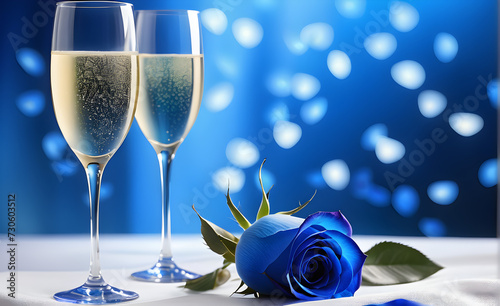 Two Champagne glasses adjacent, poised for a toast, caressing a single blue rose with petals gradient from cobalt to cerulean. Generative AI