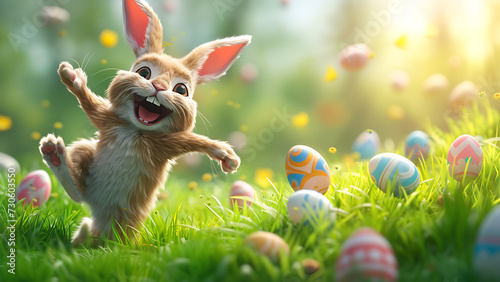 Cute easter bunny jumping for joy, lots of eggs in the grass. photo