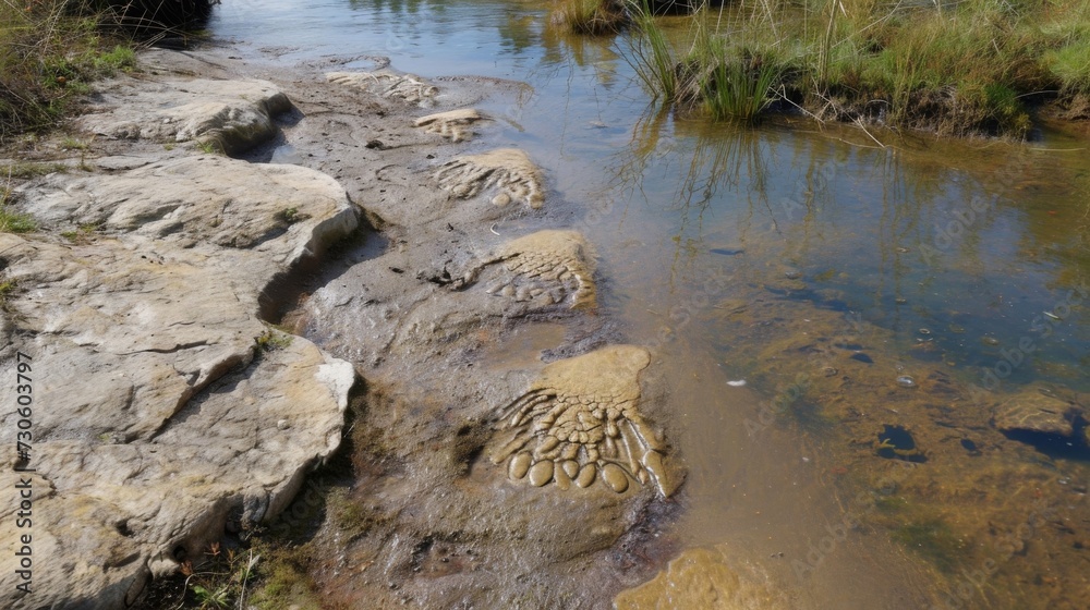 A set of long thin toe imprints leading into the waters edge indicating the presence of a sauropod drinking from a river.