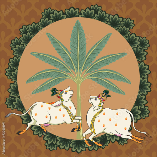 Indian traditional Rajasthani painting happy cows jumping joyfully in front of tree