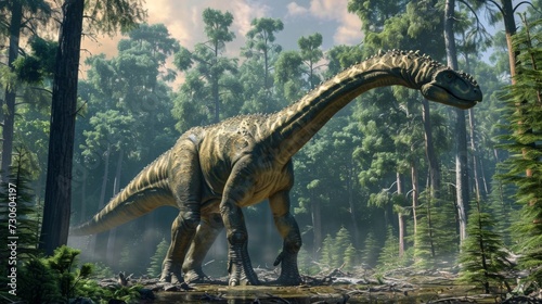 A majestic Titanosaurus stands tall a the trees its powerful yet gentle presence exuding a sense of ancient wisdom.