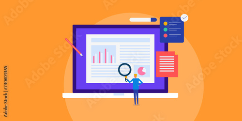Businessman with magnifier examine case study on laptop screen, vector illustration web banner.