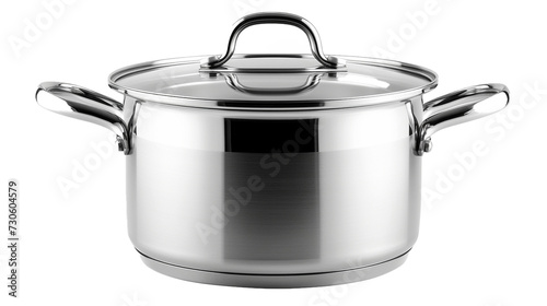 Stainless steel cooking pot with transparent lid isolated on white background.