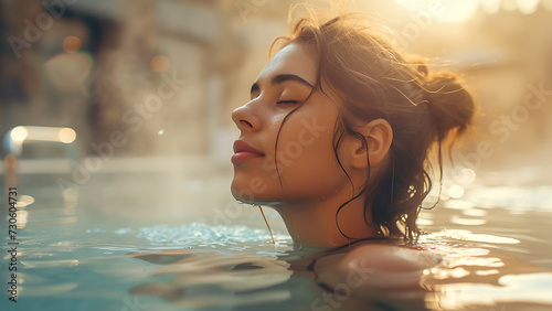 Young woman relaxing in a warm swimming pool.