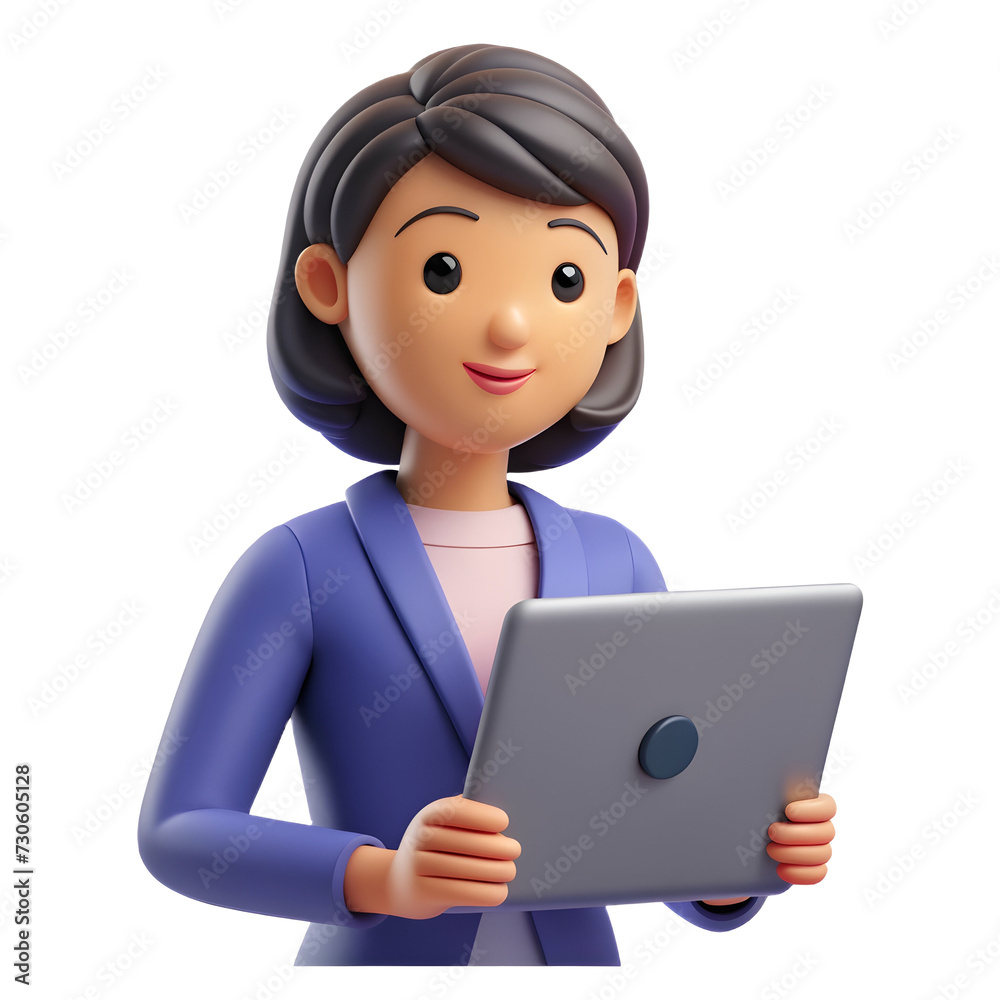 3d cartoon illustration of a girl working with tablet 3d cartoon illustration of a girl working with tablet