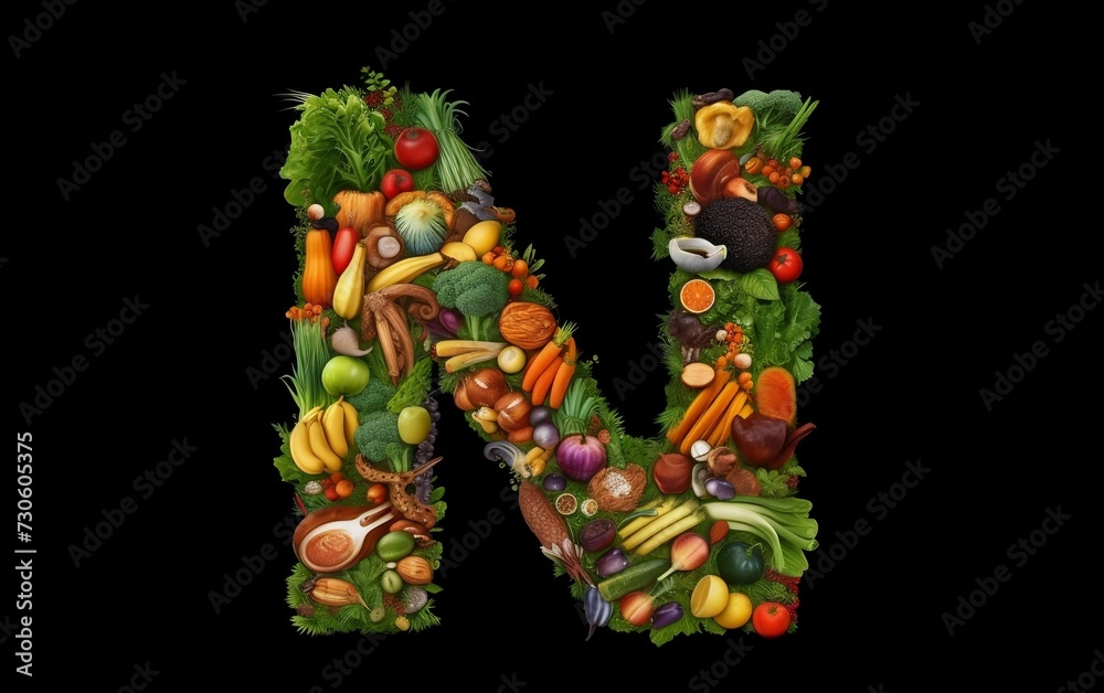 Letter N Composed of Fruits and Vegetables
