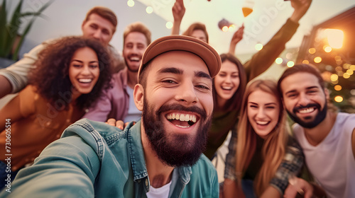 Group of friends taking selfie photo, Laughing young people having fun