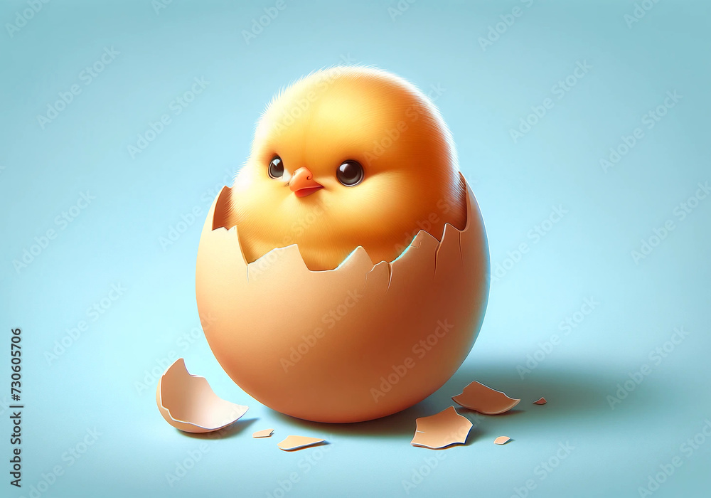 easter egg with chicken, cute chicken peeking out of a broken egg on a blue background easter egg with chicken, cute chicken peeking out of a broken egg on a blue background
