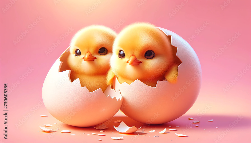 easter egg with chicken, two cute chicks peeking out of a broken egg on a pink background