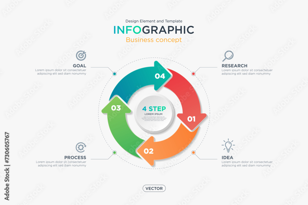 infographic business concept. infomation 4 step in circular arrow format. Design Element and Template on Background White Color Mode. On Vector infographic business concept. infomation 4 step in circular arrow format. Design Element and Template on Background White Color Mode. On Vector