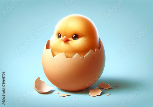 easter egg with chicken, cute chicken peeking out of a broken egg on a blue background