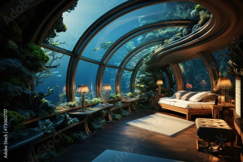 An underwater hotel with views of marine life