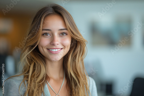Successful business woman standing in the office and looking at camera while smiling. Portrait of beautiful business woman standing.