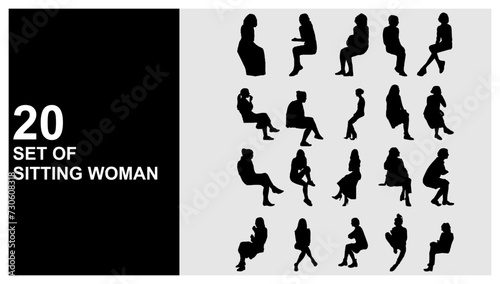 silhouette of sitting people woman, women Vector silhouettes of women, a group of sitting on a bench business people, profile, black color isolated on grey background