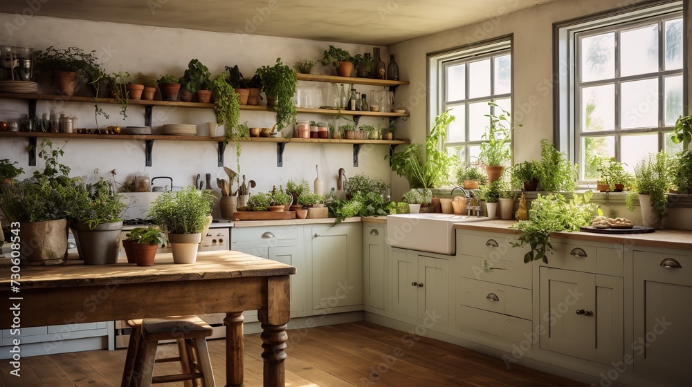 Sustainable Farm-to-Table Kitchen with In-House Herb Garden - obrazy, fototapety, plakaty 