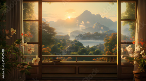 Living room with a large window autumn mountains Japanesestyle painting
 photo