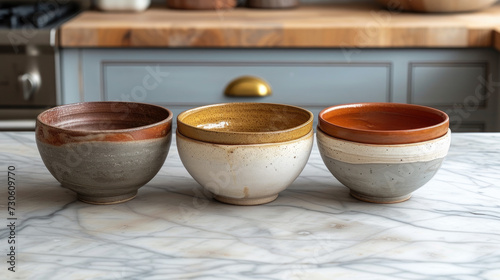 Ceramic Bowls on Marble Countertop Trio