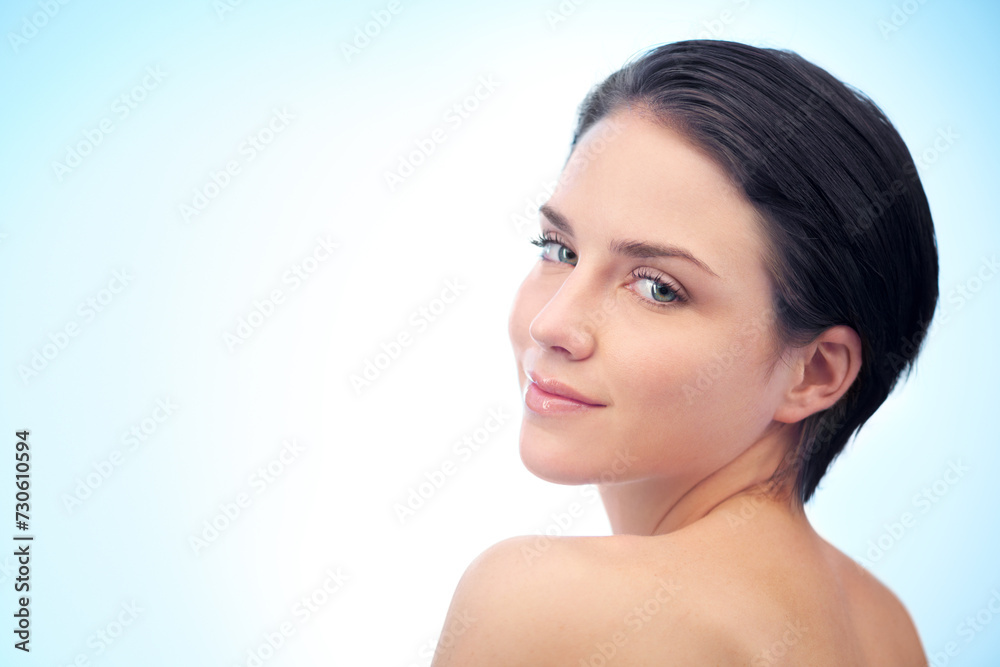 Skincare, beauty space or portrait of woman in studio isolated on blue background for pride or wellness. Natural, mockup or smooth face of confident model or female person with shine or facial glow Skincare, beauty space or portrait of woman in studio isolated on blue background for pride or wellness. Natural, mockup or smooth face of confident model or female person with shine or facial glow