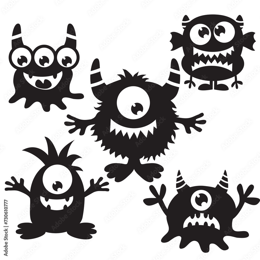 Cute funny monster black silhouette vector cartoon illustration Stock ...