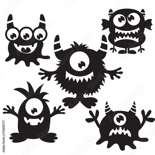 Cute funny monster black silhouette vector cartoon illustration