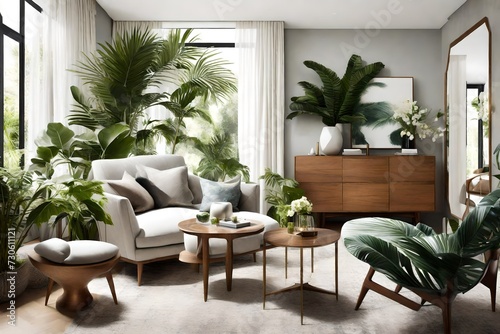 A stunning image displaying a contemporary living room with a stylish wooden dresser  a designer armchair  tropical greenery  and chic accents