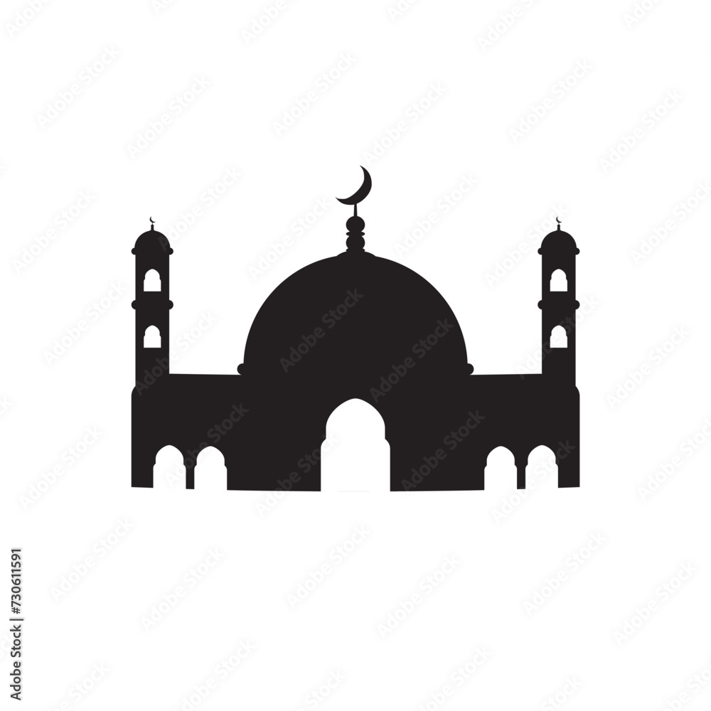 mosque in flat design style cute isolated on white background and date palm tree , vector illustratio