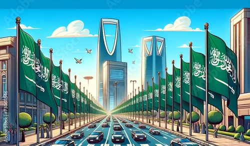 llustration in a cartoon style with a city street lined with saudi arabia flags.